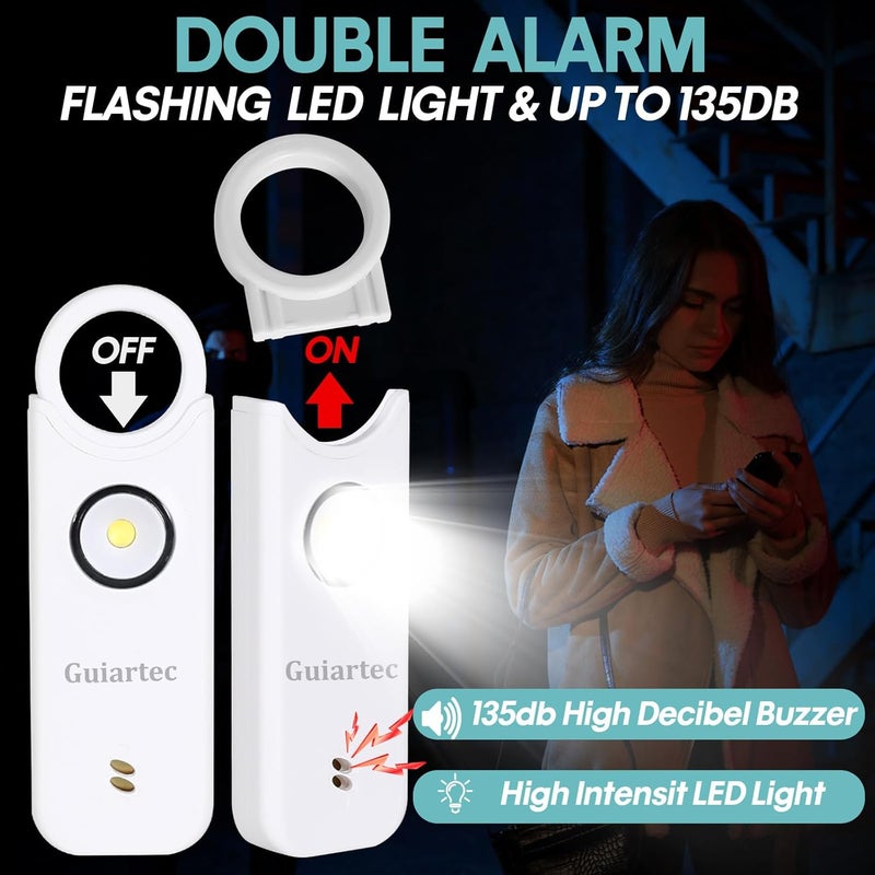 Guiartec Rechargeable Personal Safety Alarm for Women, 135 dB Loud Self Defense Keychain Siren with LED Strobe Light, Personal Emergency Security Safe Devices Key Chain Alarms for Women Kids Elderly (White) - Image 2